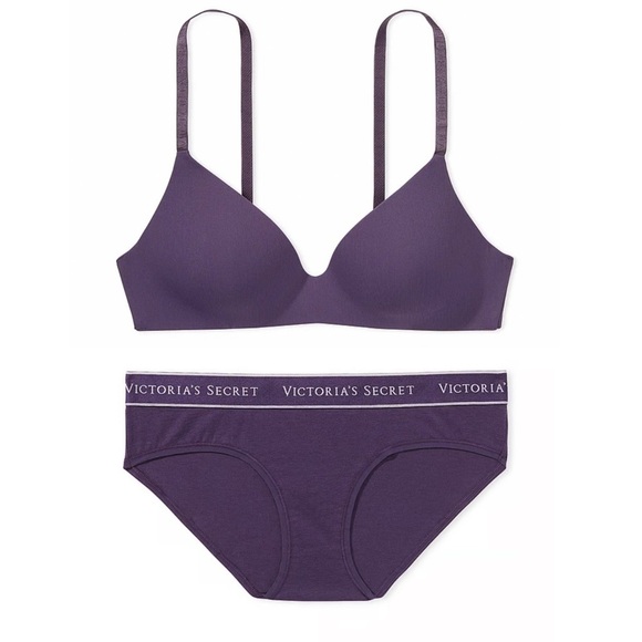Victoria’s Secret Lightly Lined Ribbed Wireless Bra & Panty Set Purple 34A NWT - Picture 1 of 10